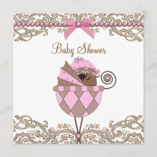 Pink and Brown African American Girl Shower Invitation