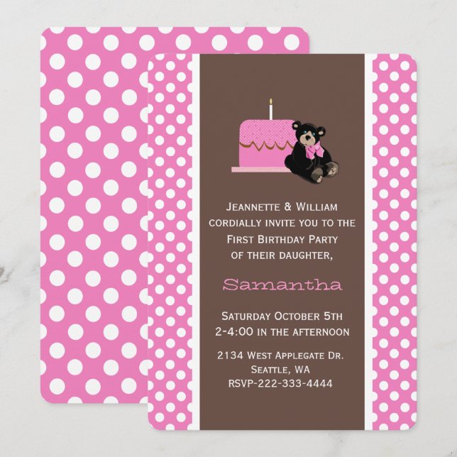Pink and Brown Baby's First Birthday Invitation (Front/Back)