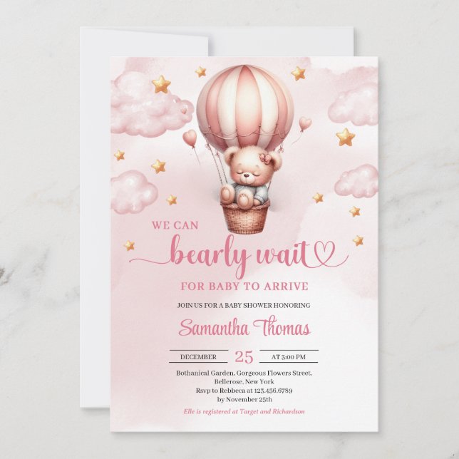 Pink and brown bearly wait girl baby shower invitation (Front)