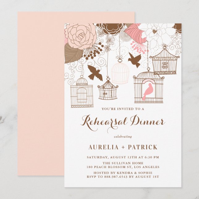 Pink and Brown Birdcages Rehearsal Dinner Invitation (Front/Back)
