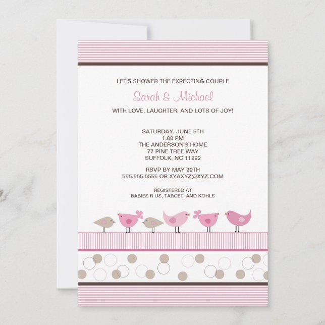 Pink and Brown Birds Girl Baby Shower Invite (Front)