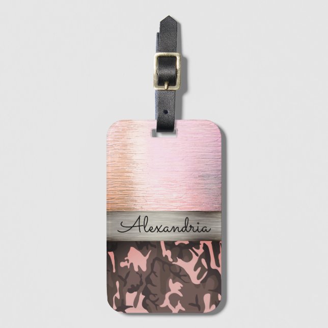 Pink and Brown Camo Personalised Luggage Tag (Front Vertical)
