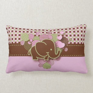 Pink and Brown Chequered Baby Elephant Lumbar Cushion