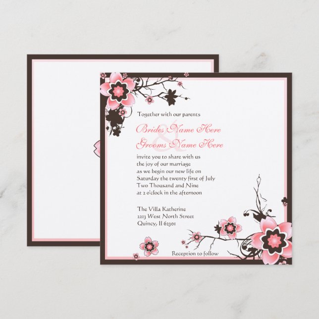 Pink and Brown Cherry Blossom Wedding Invitation (Front/Back)