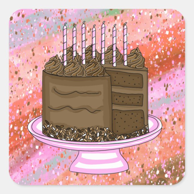 Pink and Brown Chocolate Cake Birthday   Square Sticker (Front)