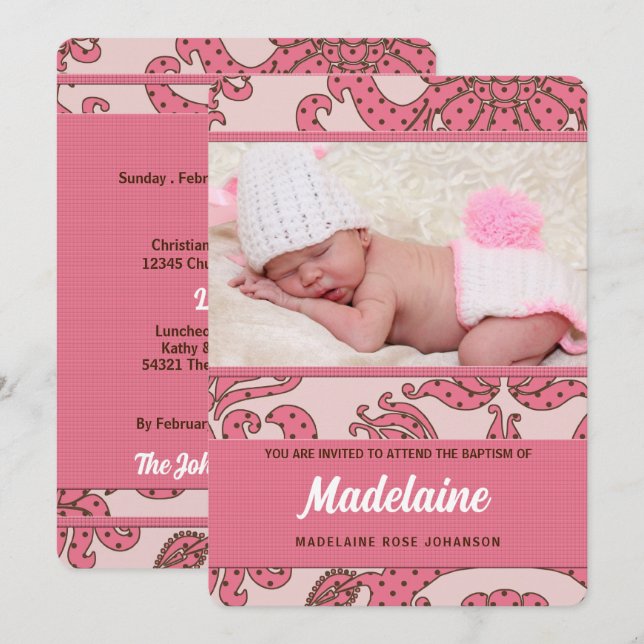 Pink and Brown Christening for Girl with Photo Invitation (Front/Back)