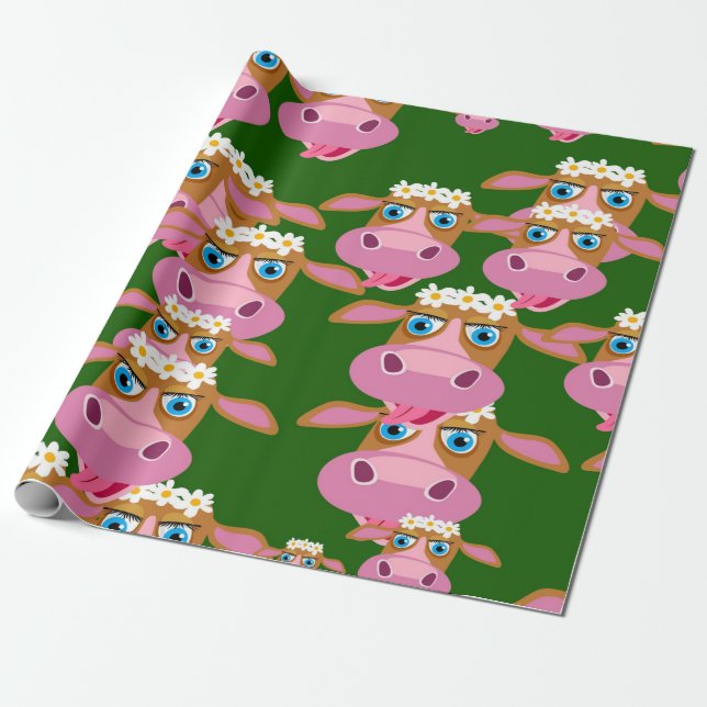 Pink And Brown Cow Face Animal Print Wrapping Paper (Unrolled)