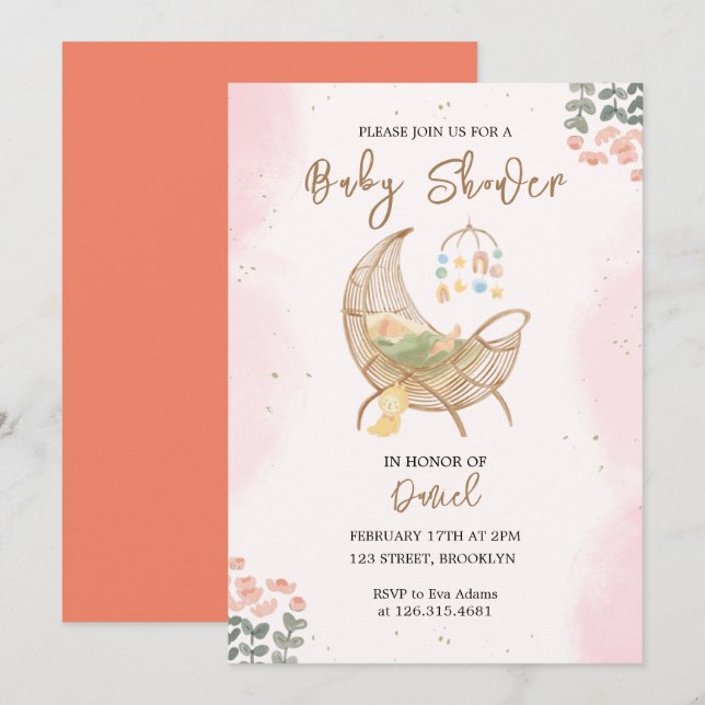 Pink and Brown Cradle Baby Shower Invitation (Front/Back)