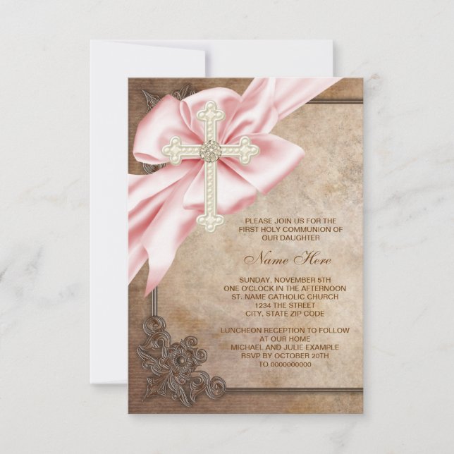 Pink and Brown Cross First Communion Invitation (Front)