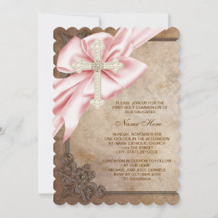 Pink and Brown Cross First Communion Invitation