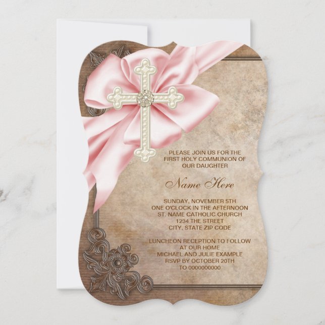 Pink and Brown Cross First Communion Invitation (Front)