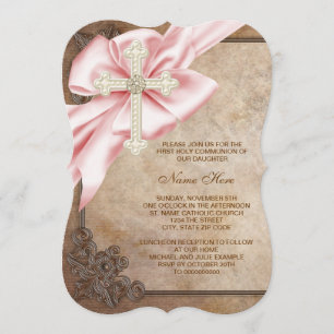 Pink and Brown Cross First Communion Invitation