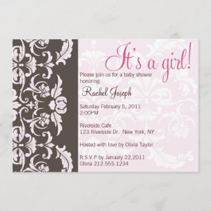 Pink and Brown Damask Baby Girl Shower Invite