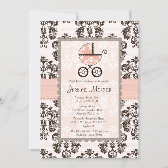 Pink and Brown Damask Baby Shower Invitations (Front)