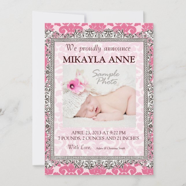 Pink and Brown Damask Birth Announcement (Front)
