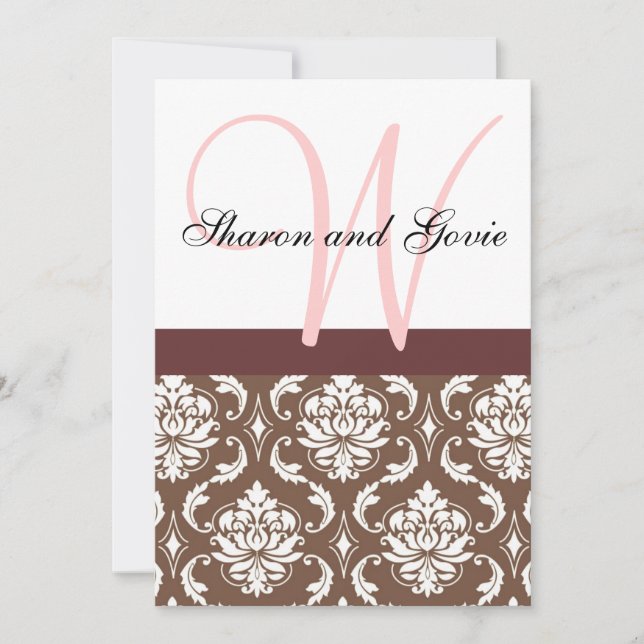 Pink and Brown Damask Monogram Wedding Invitation (Front)
