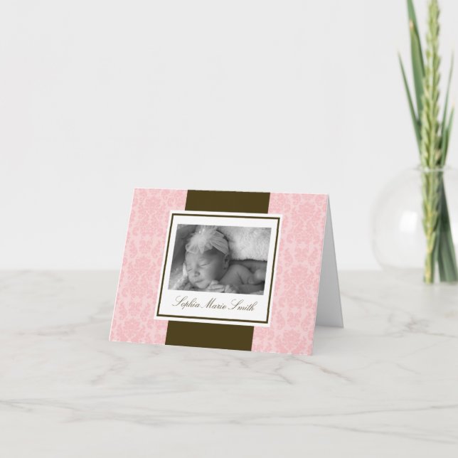 Pink and Brown Damask Note Card (Front)