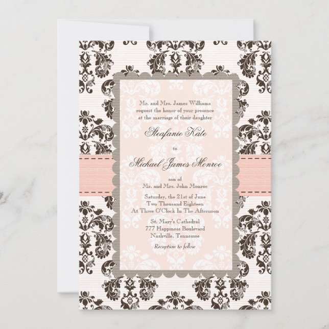 Pink and Brown Damask Wedding Invitations (Front)