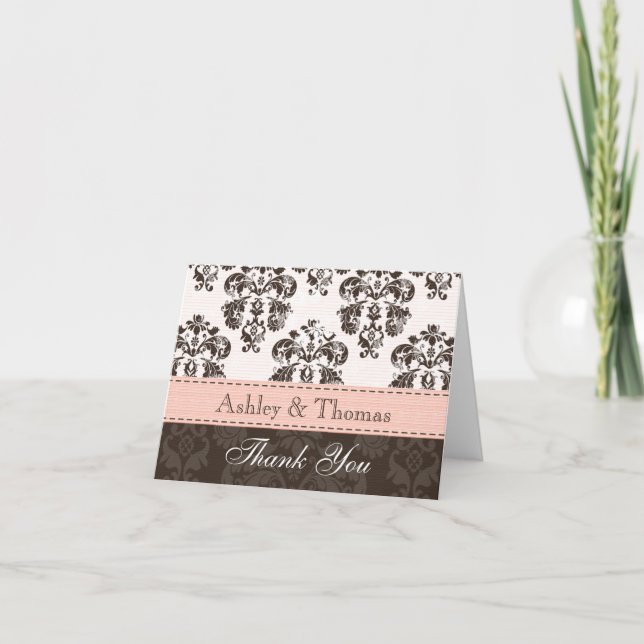 Pink and Brown Damask Wedding Thank You Note Cards (Front)