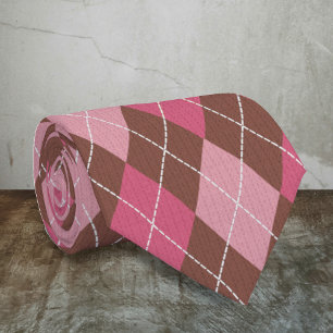 Pink and Brown Diamonds - Argyle Pattern Stitched Tie