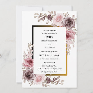 Pink and Brown Elegant Rose Floral Wedding  Invitation