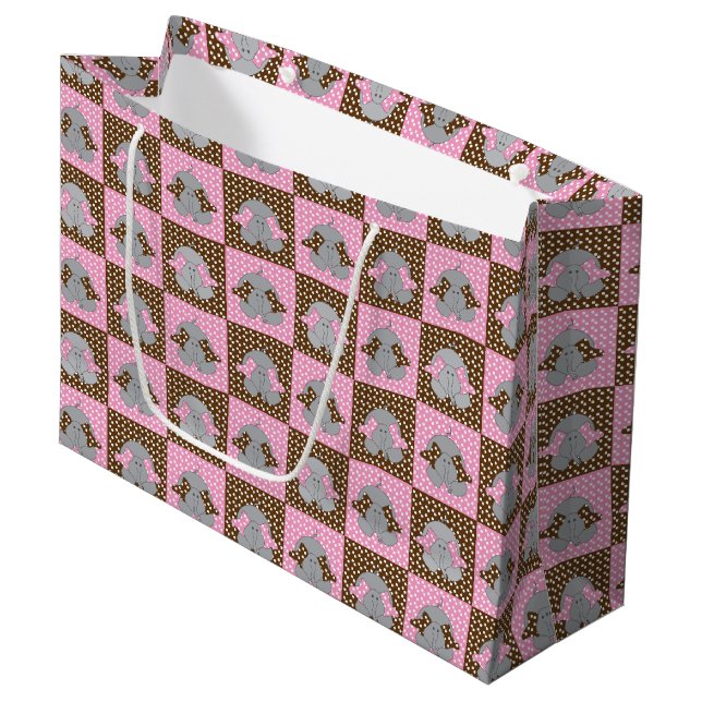 Pink and Brown Elephant Polka Dots Large Gift Bag (Front Angled)