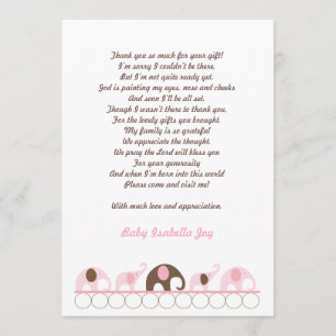 Pink and Brown Elephant Thank You Note with poem