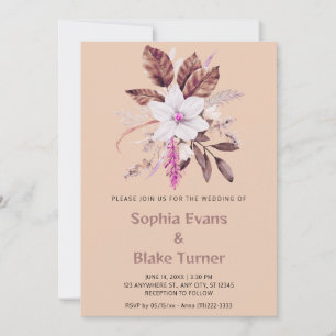 Pink and Brown Floral Botanical Brown Wedding Invitation