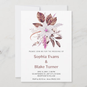Pink and Brown Floral Botanical White Wedding Invitation