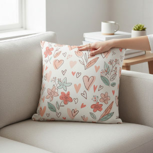 Pink and Brown Floral Heart Throw Pillow