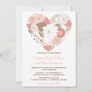 Pink and Brown Floral Heart Wedding Invitation