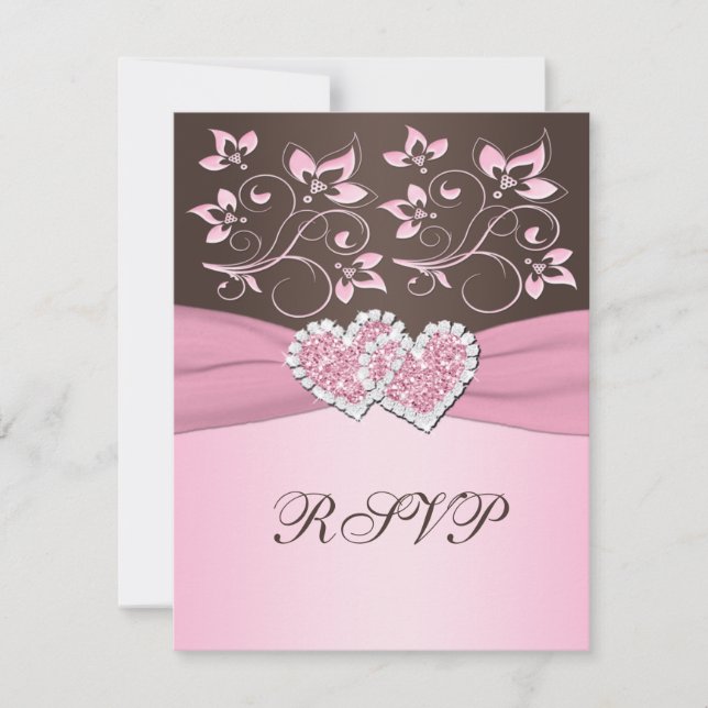 Pink and Brown Floral Joined Hearts RSVP Card (Front)