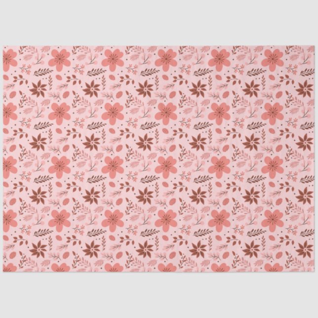 Pink and Brown Floral Leaves Christmas Tissue Paper (Front)