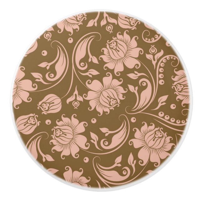Pink and Brown Floral Pattern Ceramic Knob (Front)