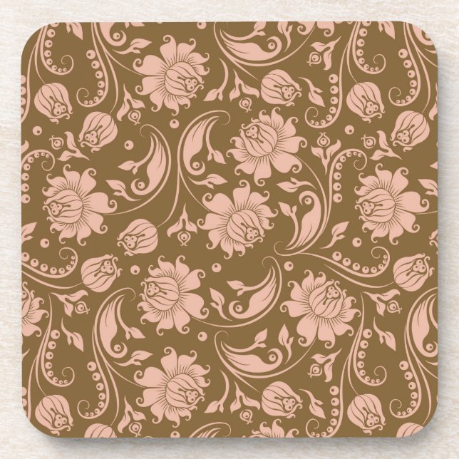 Pink and Brown Floral Pattern Coaster (Front)