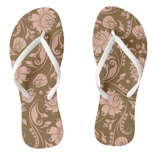 Pink and Brown Floral Pattern Flip Flops (Footbed)