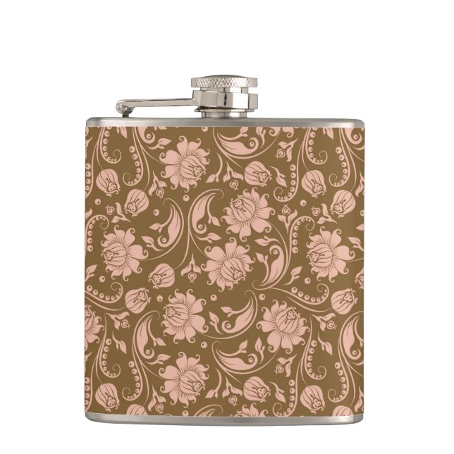 Pink and Brown Floral Pattern Hip Flask (Front)