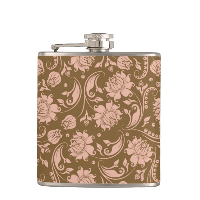 Pink and Brown Floral Pattern Hip Flask (Front)