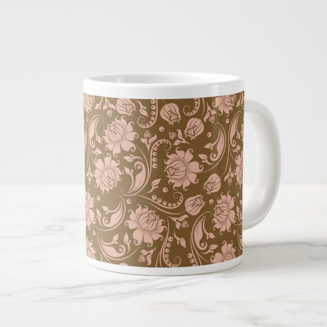 Pink and Brown Floral Pattern Large Coffee Mug (Front Right)