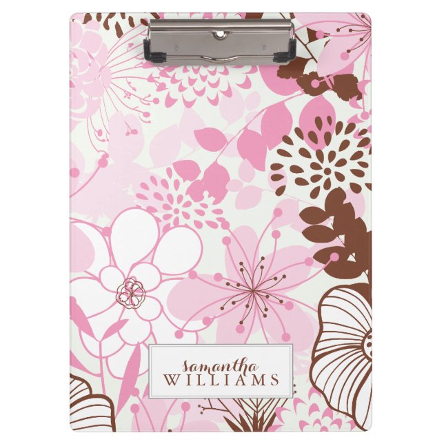 Pink and Brown Floral Pattern Personalised Clipboard (Front)