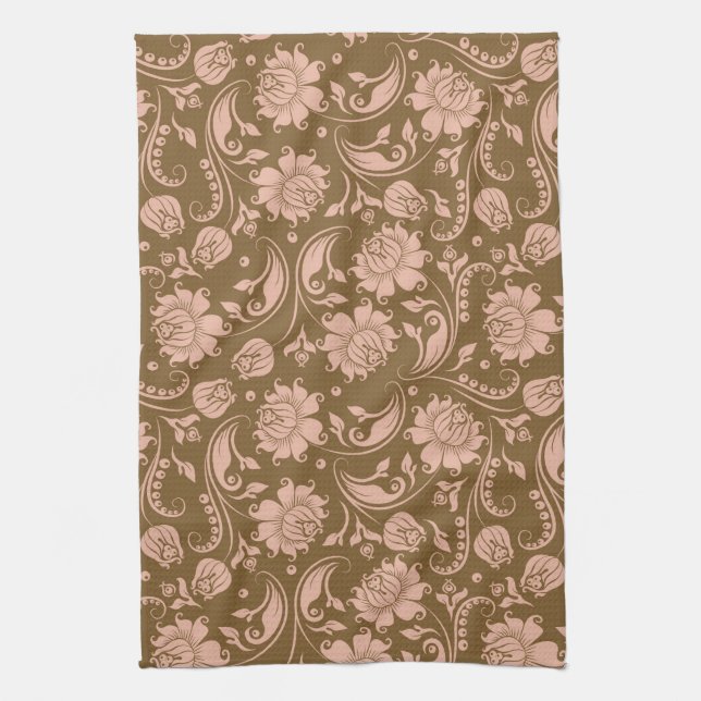 Pink and Brown Floral Pattern Tea Towel (Vertical)