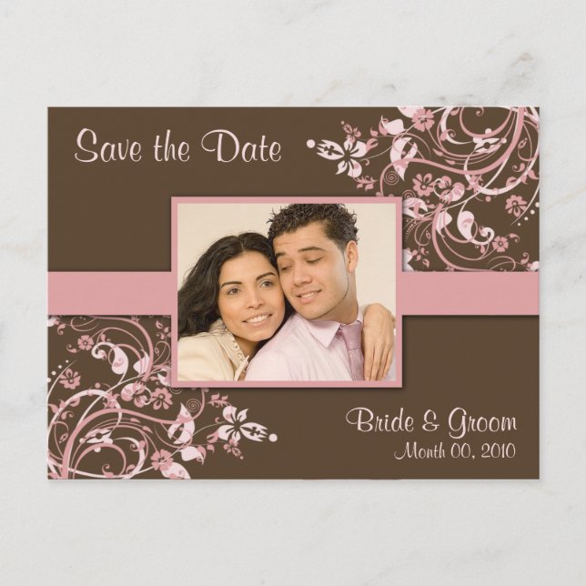 Pink and Brown Floral Save the Date Photo Postcard (Front)