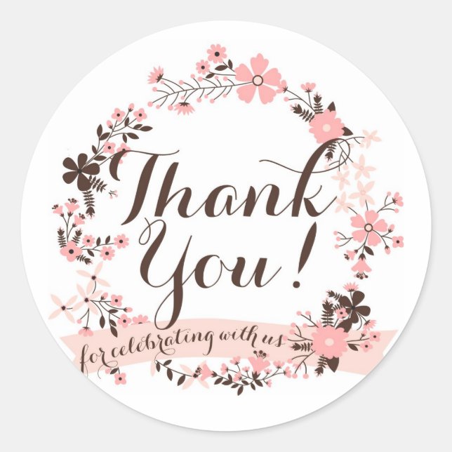 Pink and Brown Floral Wreath Thank You Sticker (Front)