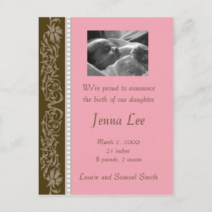 Pink and Brown Flourish (Customisable) Announcement Postcard