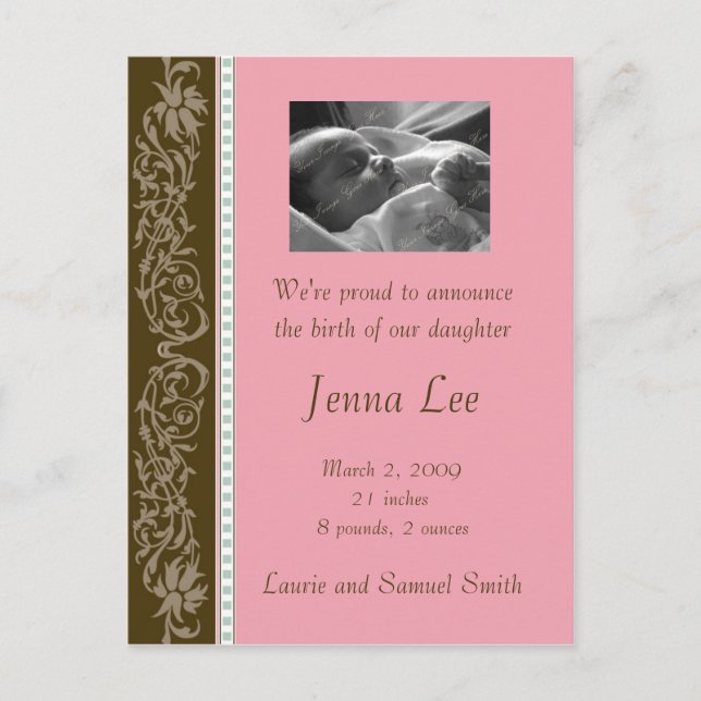 Pink and Brown Flourish (Customisable) Announcement Postcard (Front)