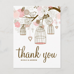 Pink and Brown Flowers & Birdcages Thank You Card