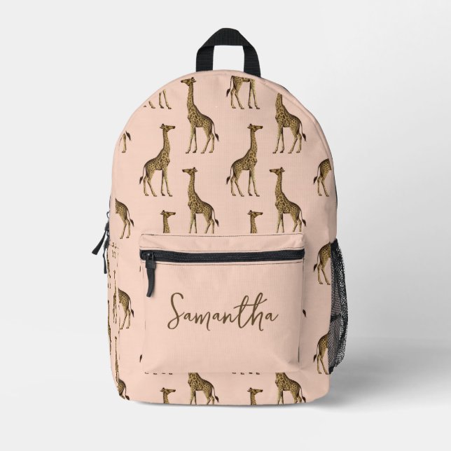 Pink and Brown Giraffe Safari Printed Backpack (Front)