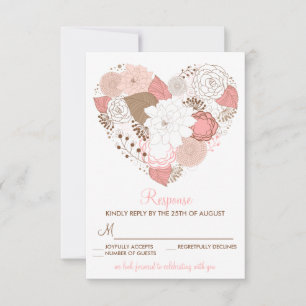 Pink and Brown Heart Flowers Wedding RSVP Card