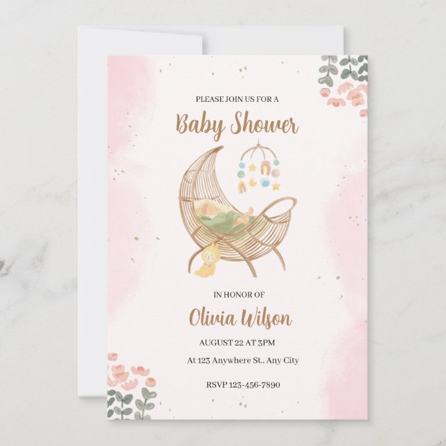 Pink and Brown Illustrative Baby Shower Invitation (Front)