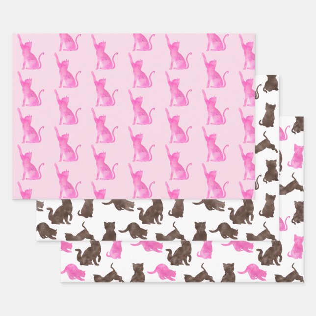 Pink and Brown Kitty Cats Wrapping Paper Sheet (Set)